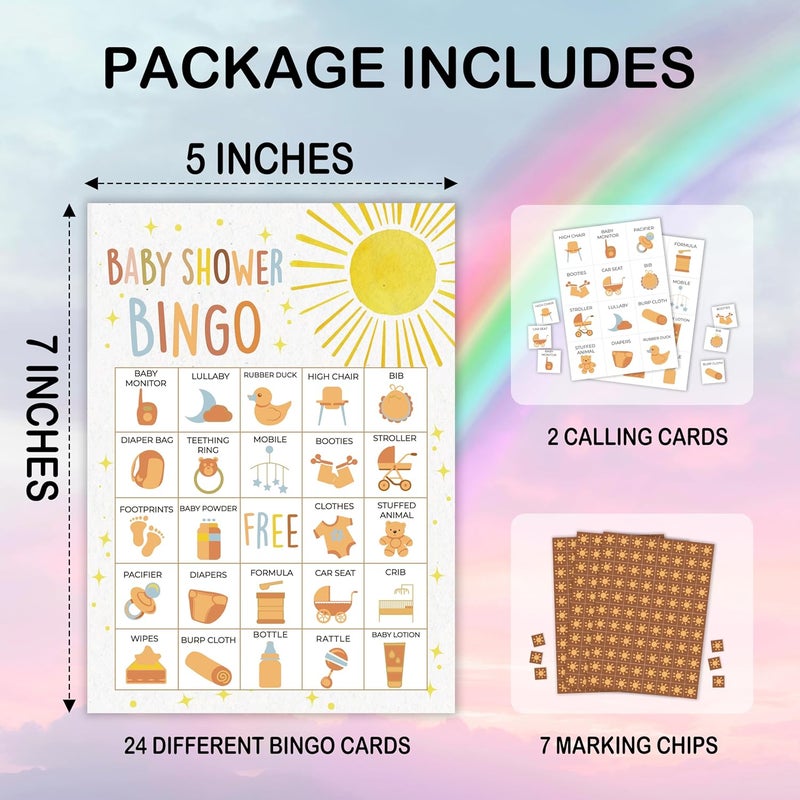 Mueddur Baby Shower Bingo Card, Sunshine Bingo Set for Adults Large Group Family Friends, Gender Neutral Baby Shower Game, Boho Sun Bingo Kit for Gender Reveal Party, Holiday Games for 24 Players -09 - Image 2